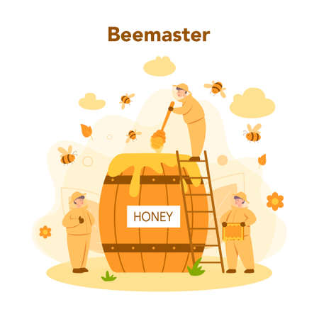 Hiver or beekeeper concept. Professional farmer with hive and honey. Countryside organic product. Apiary worker, beekeeping and honey production. Vector illustrationのイラスト素材