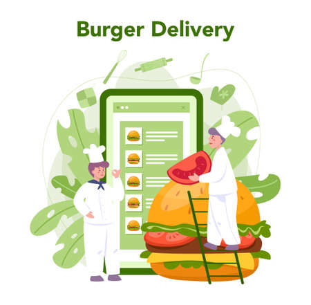 Fast food, burger house concept. Chef cook tasty hamburger withのイラスト素材