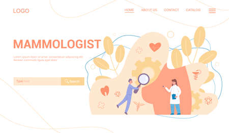 Mammologist web banner concept. Consultation with doctor about breast cancer. Idea of healthcare, medical examination, diagnostic of oncology. Isolated vector illustration in cartoon styleのイラスト素材