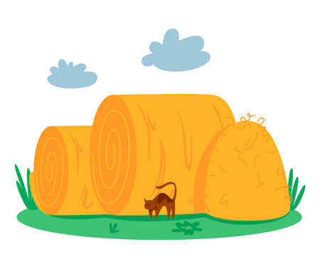 Summer farm landscape with haystacks. Farm large sheaf of dry wheat.のイラスト素材