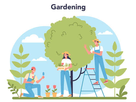 Gardening concept. Idea of horticultural designer business. Characterのイラスト素材