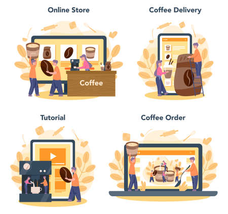 Barista online service or platform set. Bartender making a cup of hotのイラスト素材