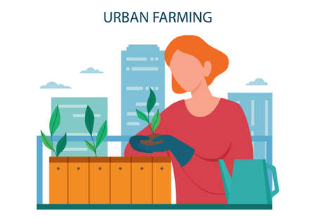 Urban farming or gardening concept. City agriculture. People plantingのイラスト素材