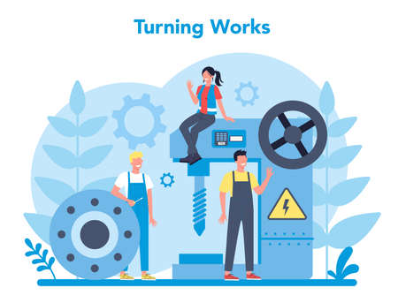 Turner or lathe concept. Factory worker using turning machineのイラスト素材