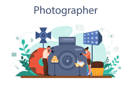 Food photographer concept. Professional photographer taking photoのイラスト素材