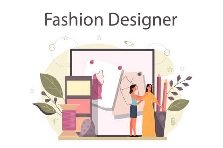 Fashion designer or tailor concept. Professional master sewing clothes. Dressmaker working on power sewing machine and taking measurements. Creative atelier profession. Vector illustrationのイラスト素材