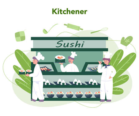 Restaurant chef cooking rolls and sushi. Sushi chef in apron with cooking tool. Professional worker on the kitchen. Isolated vector illustration in cartoon styleのイラスト素材
