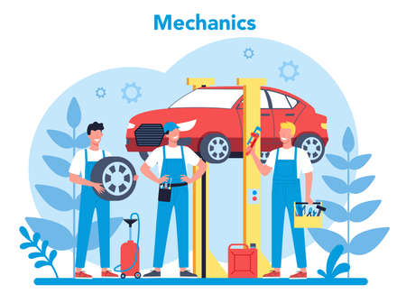 Car service concept. People repair car using professional tool.のイラスト素材