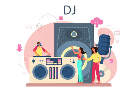 DJ concept. Person standing at turntable mixer make music in club.のイラスト素材