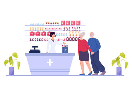 Modern pharmacy interior with visitor. Client order and buyのイラスト素材
