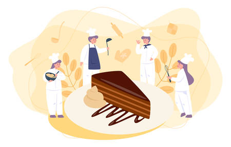 Little chef in professional uniform cook cake. Pastry for holidays. Sweet delicious cream and chocolate. Dessert for birthday celebration. Isolated vector illustration in cartoon styleのイラスト素材