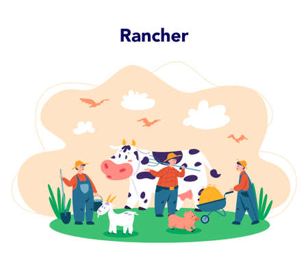 Working on a farm, farmer concept. Farmers working on the field, watering plants and feeding animals. Summer countryside view, agriculture concept. Living in the village. Isolated flat illustrationのイラスト素材