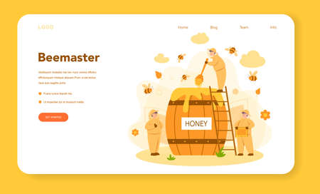 Hiver or beekeeper web banner or landing page. Professional farmer with hive and honey. Countryside organic product. Apiary worker, beekeeping and honey production. Vector illustrationのイラスト素材