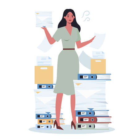 Office person with a lot of paperwork. Deadline and busy lifestyle concept. Idea of many work and few time. Employee stressing in office. Business problems. Flat vector illustrationのイラスト素材