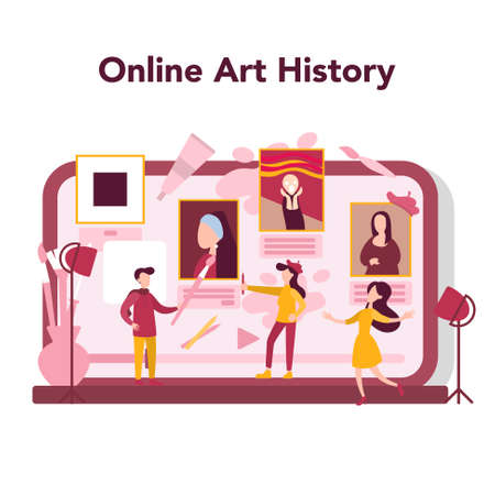 Art online education concept. Male and female artist standing in front of big easel or screen, holding a brush and paints. Artist painting. Art history. Isolated flat vector illustrationのイラスト素材
