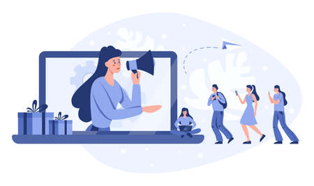 Referral program concept. Woman advertising a program.のイラスト素材