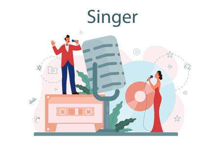 Female and male singer concept. Performer singing with microphone.のイラスト素材