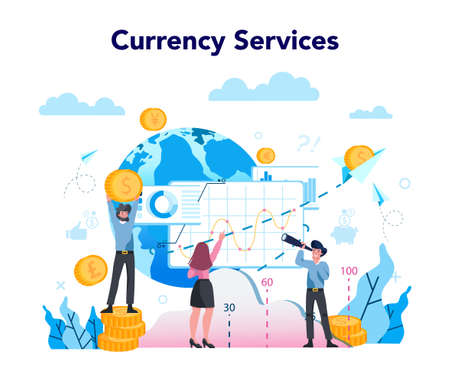 Currency exchange service concept. World currency exchanging services. Forex trading indicators for buying and selling currency. Isolated flat vector illustrationのイラスト素材