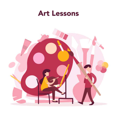 Art education. Male and female artist standing in front of big easelのイラスト素材