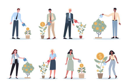 Set of business people watering a money tree. Happy successfullのイラスト素材