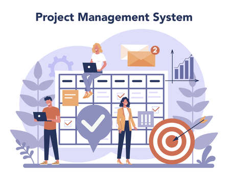 Project management concept. Successful strategy, motivation and leadership. Marketing analysis and development. Vector illustration in cartoon styleのイラスト素材