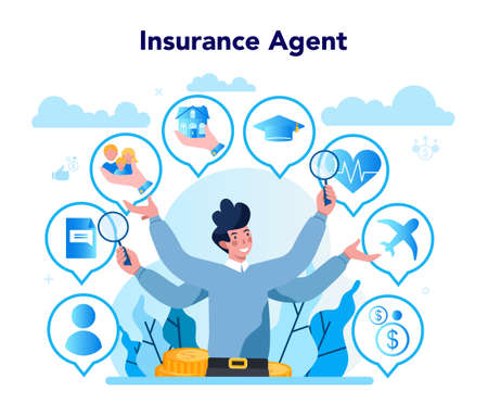 Insurance agent concept. Idea of security and protection of property and life from damage. Healthcare and medical service. Isolated flat vector illustrationのイラスト素材