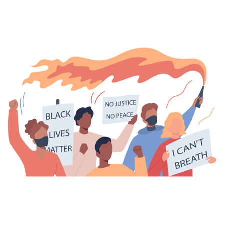 Black lives matter concept. Protester call for justice for black people. Police brutality riot. USA demonstration. Isolated vector illustrationのイラスト素材