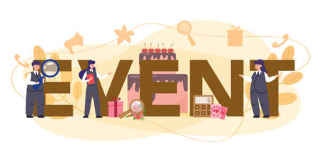 Event typographic header concept. Celebration or meeting organization. Planning of pr company for business. Creative modern profession. Isolated vector illustrationのイラスト素材