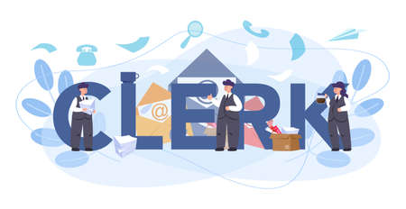 Clerk typographic header concept. Receptionist answering calls and assisting with document. Professional office worker at the desk on computer. Isolated flat vector illustrationのイラスト素材