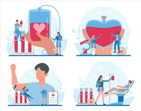Blood donation concept set. Give blood and save life, become donor.のイラスト素材