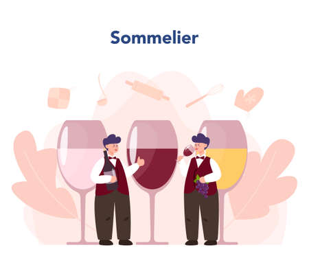 Sommelier concept. Man with a bottle of grape wine and glass full of alcohol drink. Grape wine in a wood barrel, wine storage. Isolated vector illustrationのイラスト素材