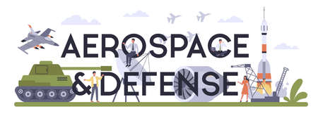 Aerospace and defence industry typographic header concept. Millitary and cosmos production and technology. Global industry classification standard. Isolated flat vector illustrationのイラスト素材