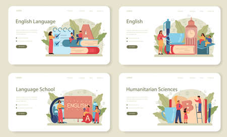 English class web banner or landing page set. Study foreign languages in school or university. Idea of global communication. Studying foreign vocabulary. Flat vector illustrationのイラスト素材