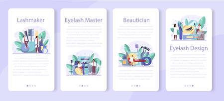 Lashmaker mobile application banner set. Beauty center procedur. Female character puting fake eyelashes in salon. Isolated vector illustrationのイラスト素材