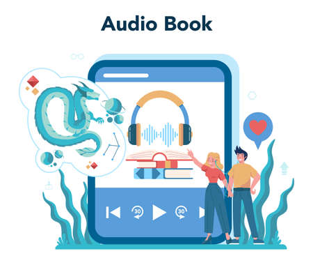 Librarian online service or platform. Knowledge and education idea. Audiobook. Llibrary bookshelves guid. Isolated vector illustrationのイラスト素材