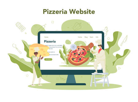 Pizzeria online service or platform. Chef cooking tasty delicious pizza. Italian food. Web site. Isolated vector illustrationのイラスト素材