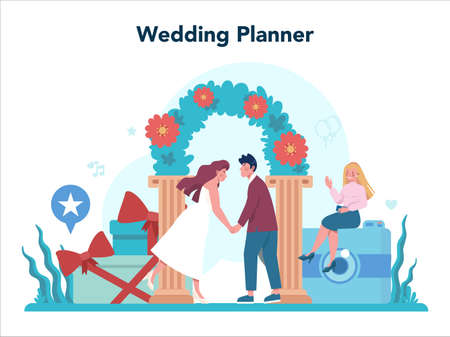 Wedding planner concept. Professional organizer planning wedding event. Catering and entertainment organization. Bride and fiance mariage planner. Isolated vector illustrationのイラスト素材