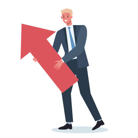 Business character pointing to something with big arrow. Male business worker smiling and showing something. Successful employee, achievement concept. Flat vector illustrationのイラスト素材