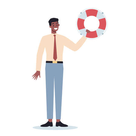 Business character holding a lifeline. Lifeline as a metaphor for help and safety. Idea of customer service. Help people with problem. Providing customer with valuable information. Vector illustrationのイラスト素材