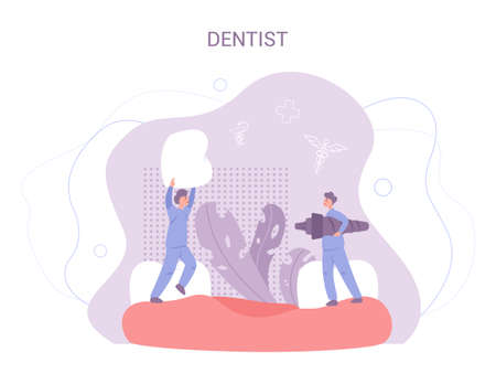 Group of small dentists in uniform treat giant tooth using medicalのイラスト素材