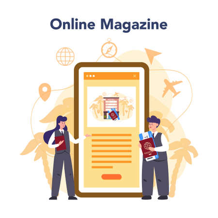 Travel agent online service or platform set. Office worker selling tourのイラスト素材