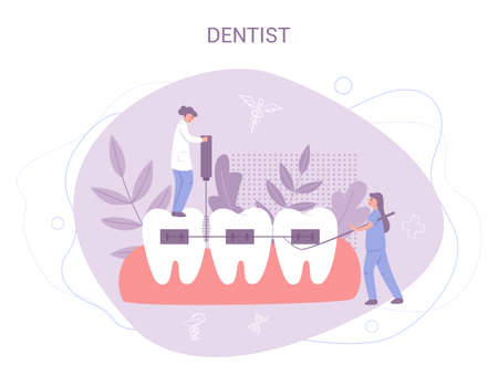 Group of small dentists in uniform treat giant tooth using medicalのイラスト素材