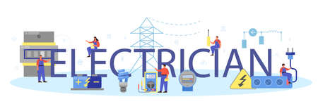 Electrician typographic header. Professional worker in the uniform