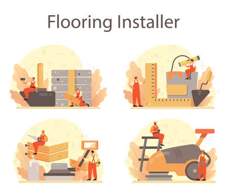 Flooring installer set. Professional parquet laying, wooden or tileのイラスト素材