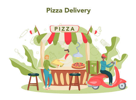 Pizzeria concept. Chef cooking tasty delicious pizza. Italian foodのイラスト素材