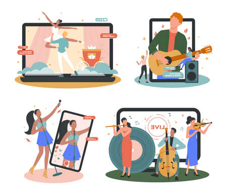 Online concert set. Musician or artist making online show. Artist on deviceのイラスト素材