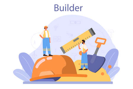 Builder concept. Professional workers constructing home with toolsのイラスト素材