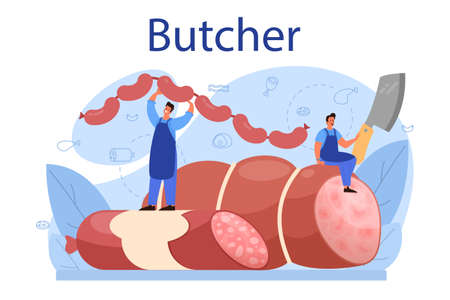 Butcher or meatman concept. Fresh meat and meat productsのイラスト素材