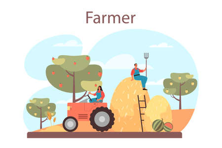 Farmer concept. Farm worker on the field, watering plants and feedingのイラスト素材