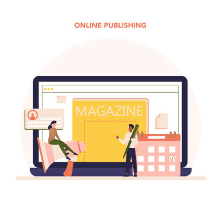 Magazine editor online service or platform. Journalist and designerのイラスト素材
